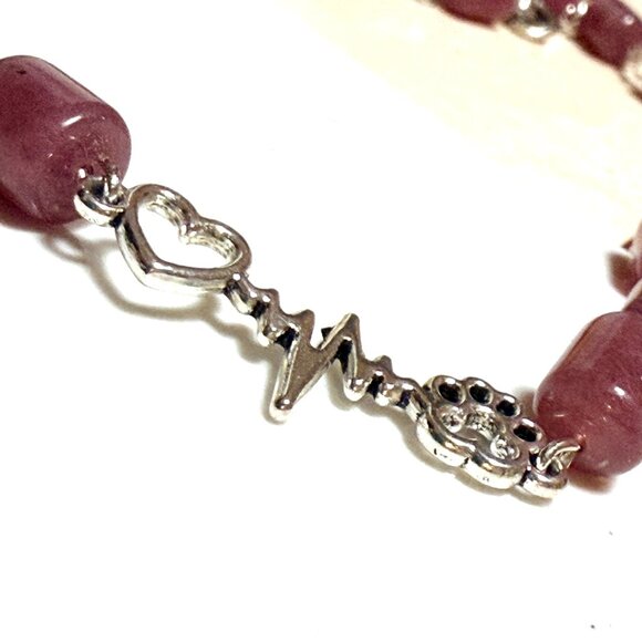 Genuine Magenta Chalcedony Short Necklace, Gemstone & Paw Print Heart Beat Charm - Picture 6 of 14